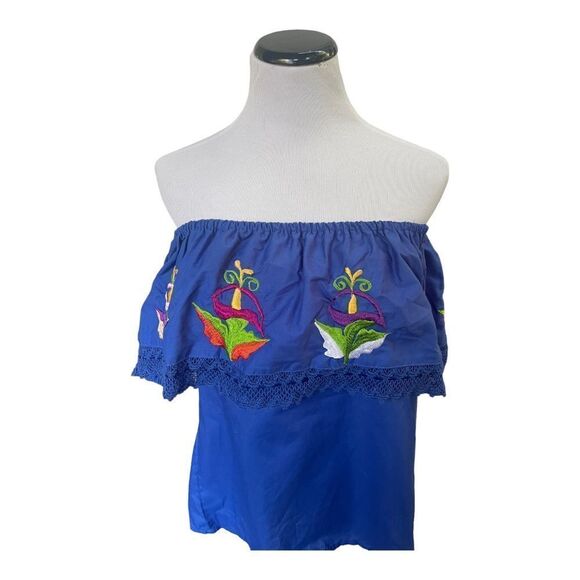 Embroidered Mexican Off The Shoulder Royal Blue Blouse Size M EUC Boho Festival - Picture 4 of 9